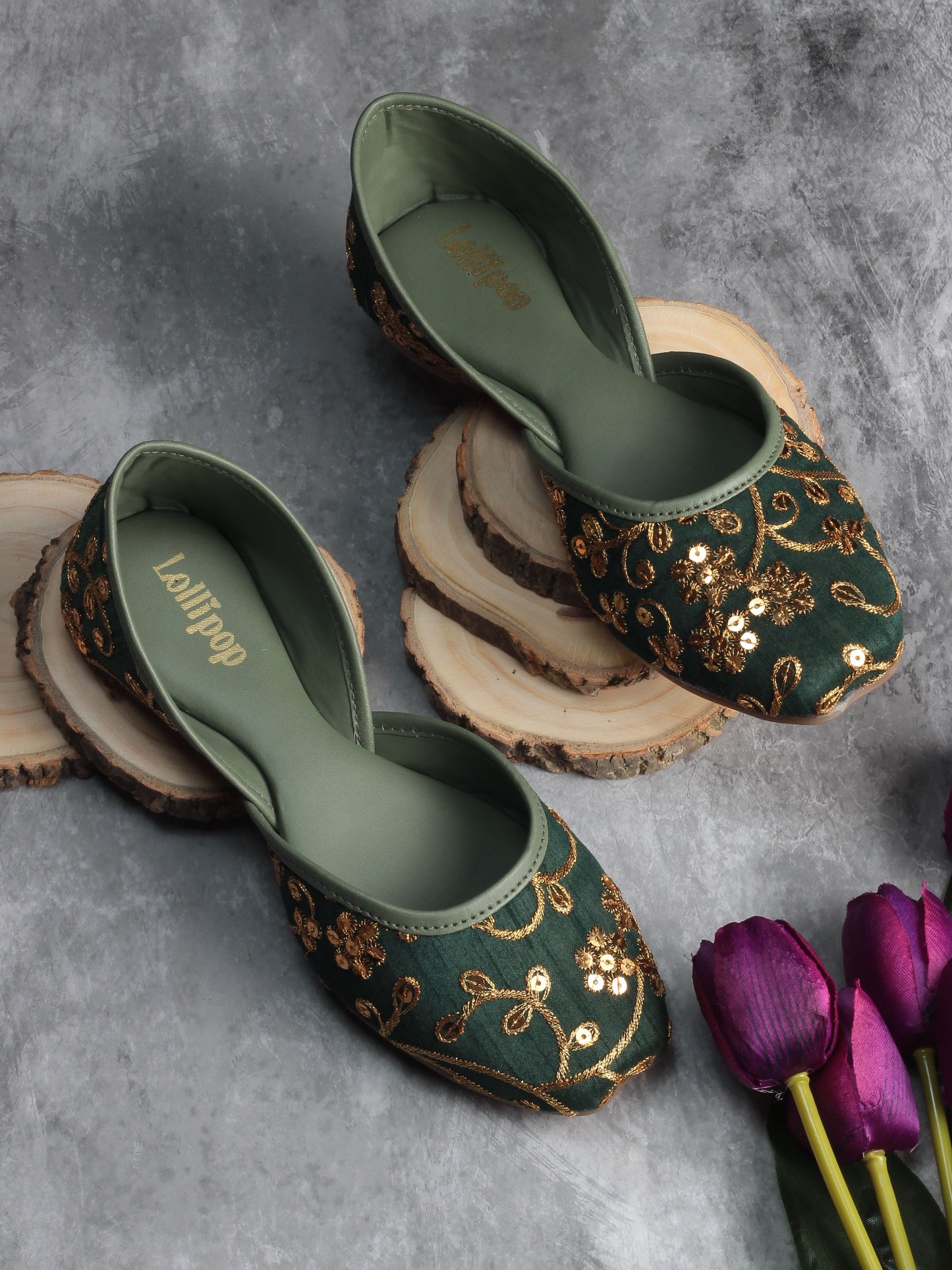 Floral Golden Embroidered Ethnic Wear Juttis - Bottle Green