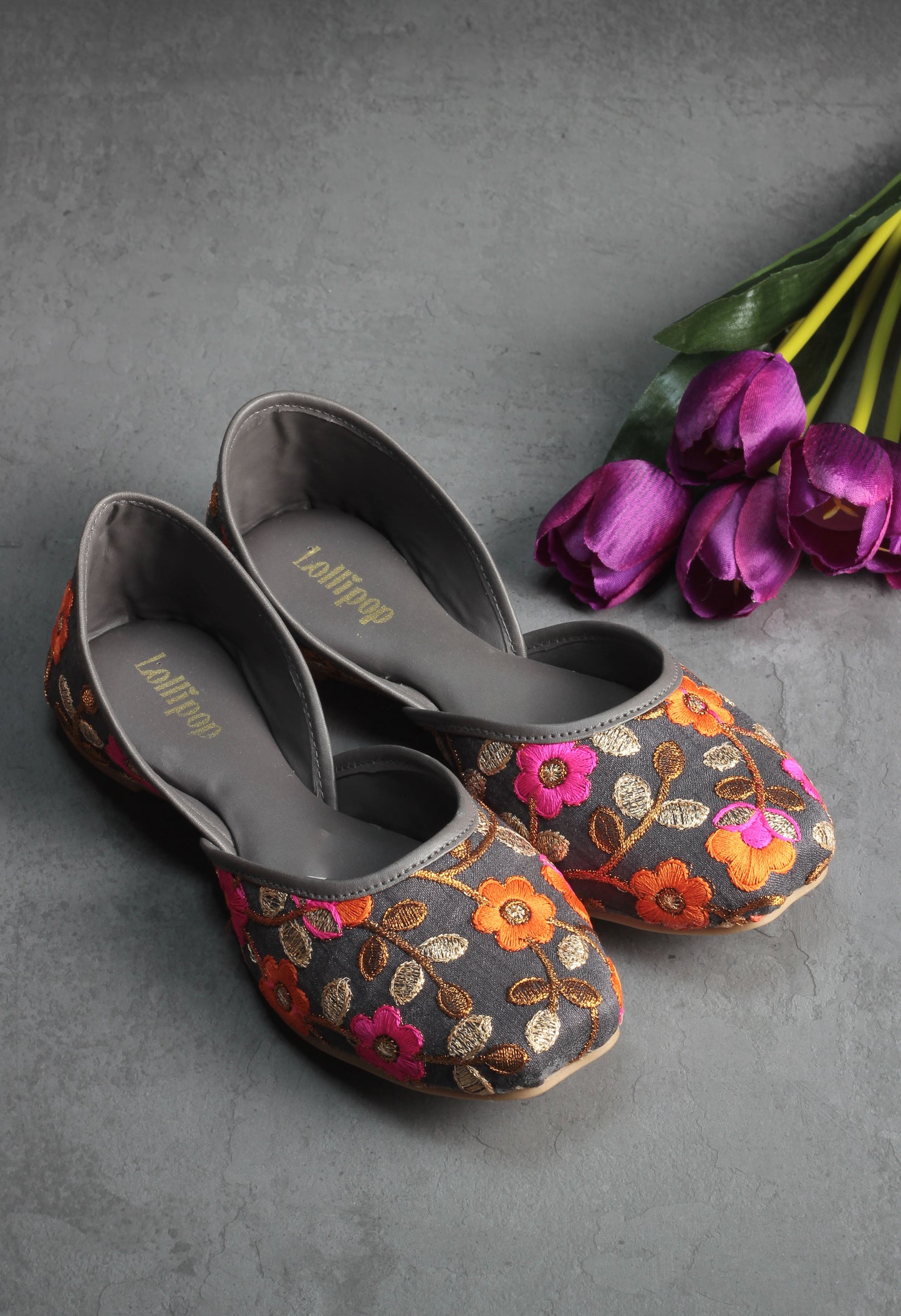 Floral Golden Embroidered Ethnic Wear Juttis - Grey