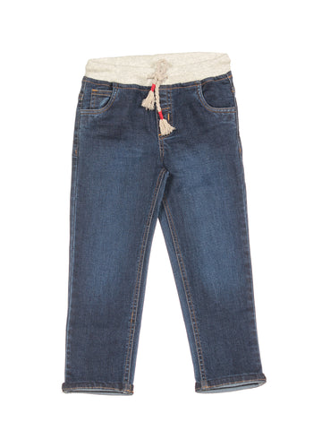 Elastic Waist Mild Distressed Straight Fit Jeans - Navy Blue