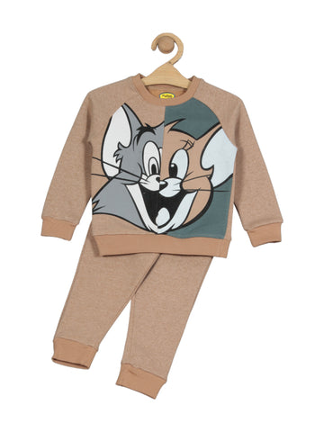 Tom And Jerry Printed Round Neck Tracksuit Set - Brown