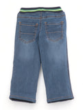 Elastic Waist Mild Distressed Straight Fit Jeans With Fleece Lining - Blue