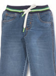Elastic Waist Mild Distressed Straight Fit Jeans With Fleece Lining - Blue