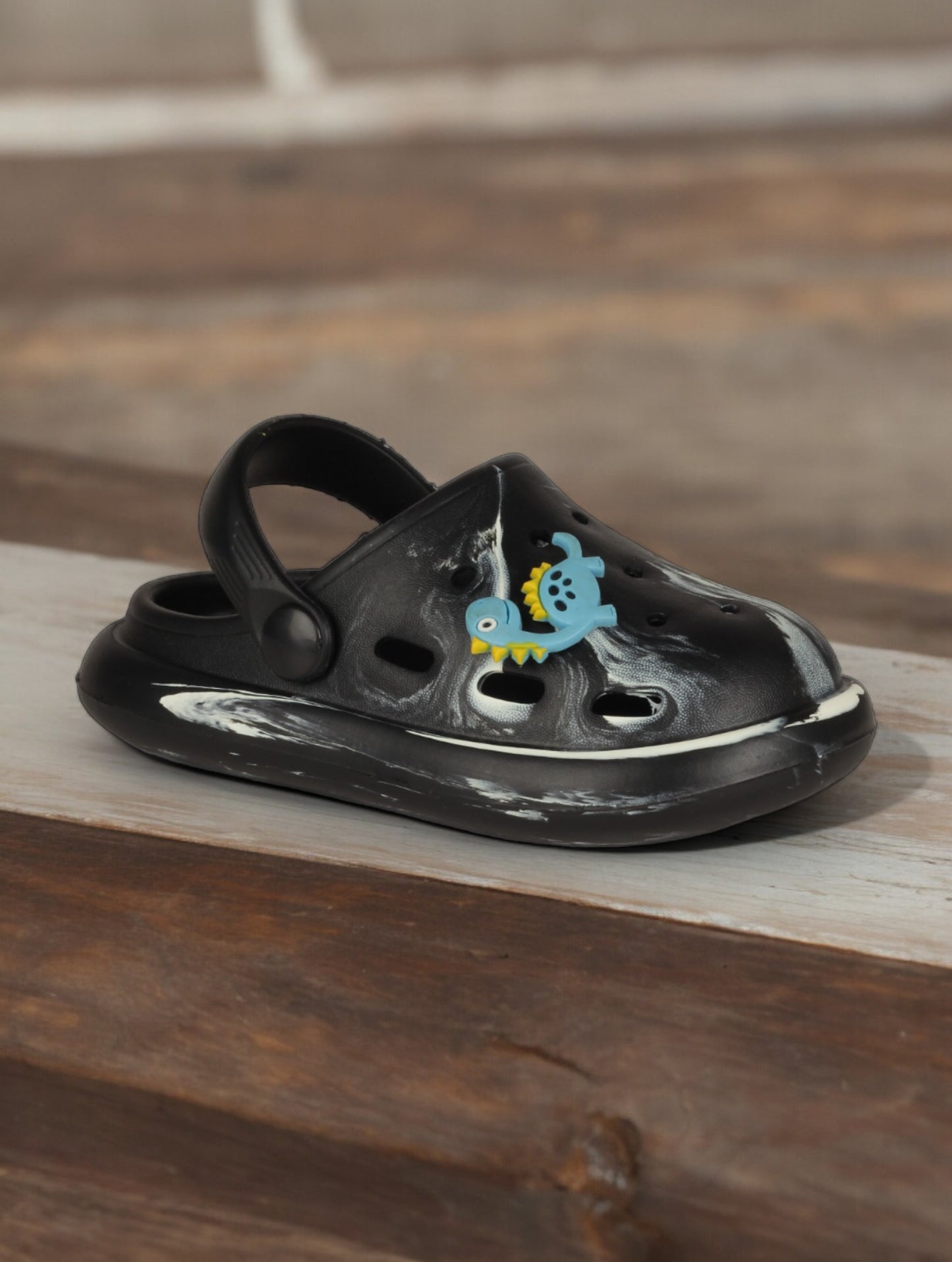 Marble Look Dinosaur Applique Anti-Slip Clogs - Black