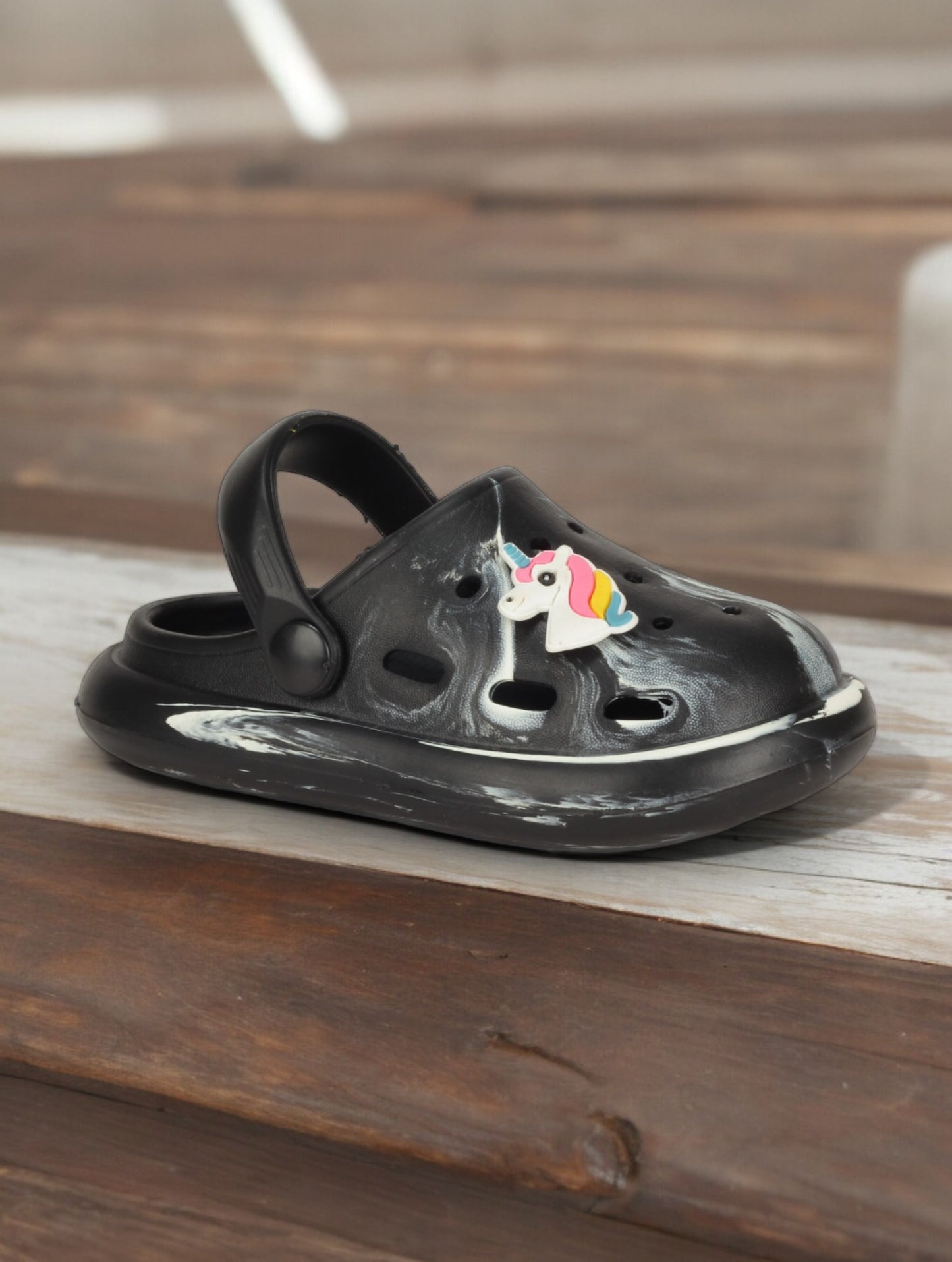 Marble Look Unicorn Applique Anti-Slip Clogs - Black