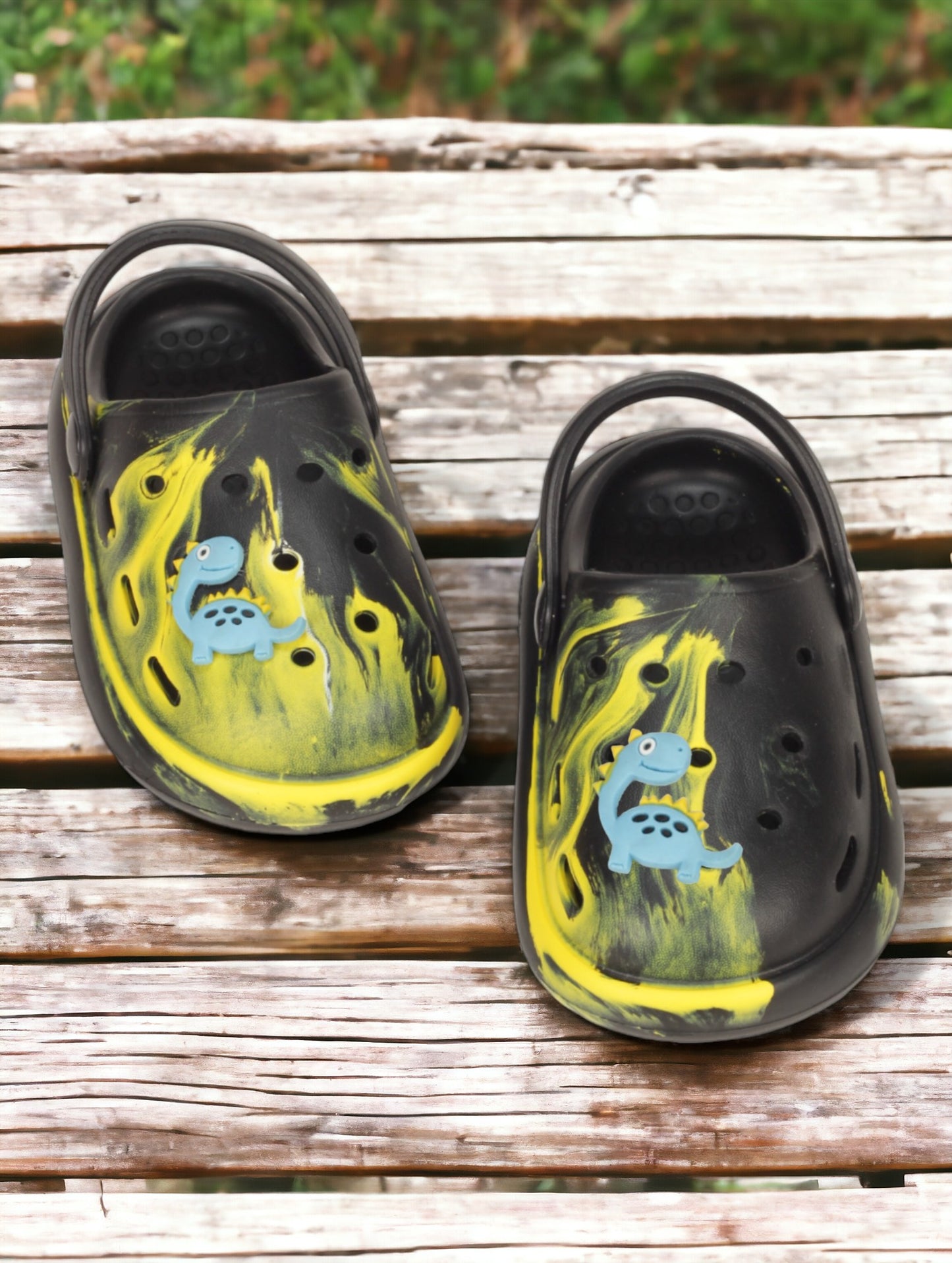 Marble Look Dinosaur Applique Anti-Slip Clogs - Black