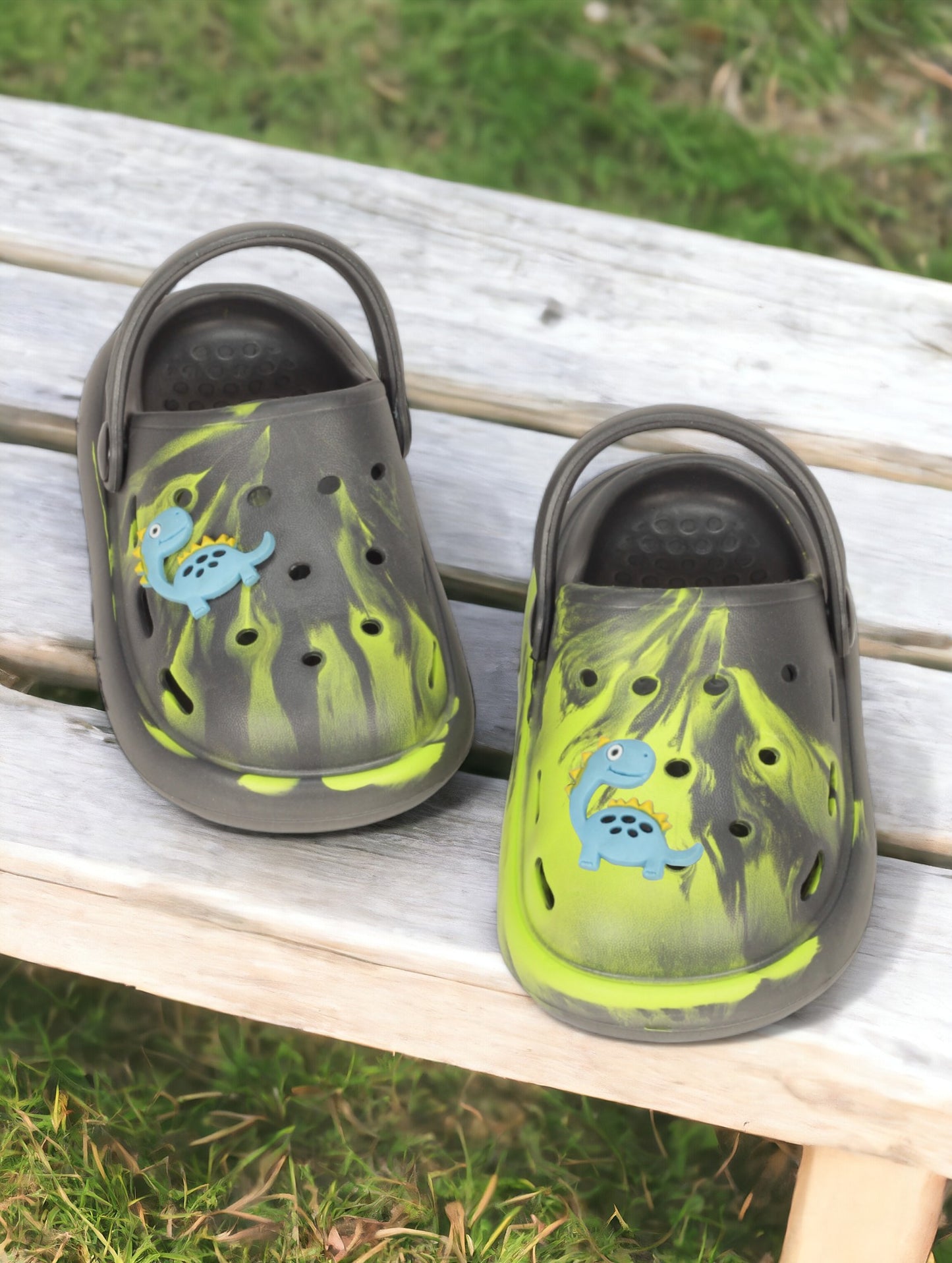 Marble Look Dinosaur Applique Anti-Slip Clogs - Grey
