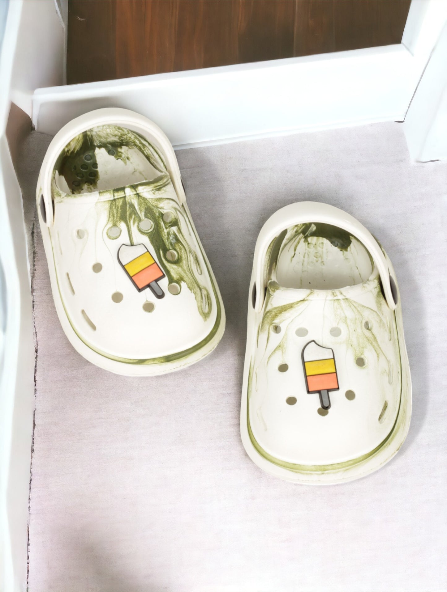 Marble Look Ice Cream Applique Anti-Slip Clogs - White
