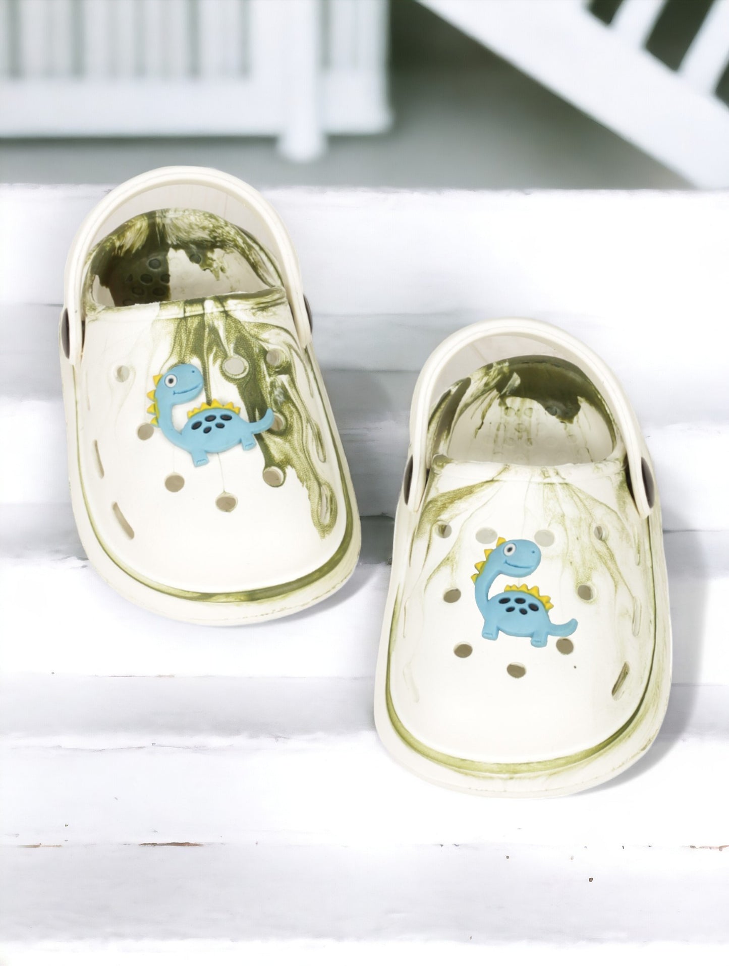 Marble Look Dinosaur Applique Anti-Slip Clogs - White