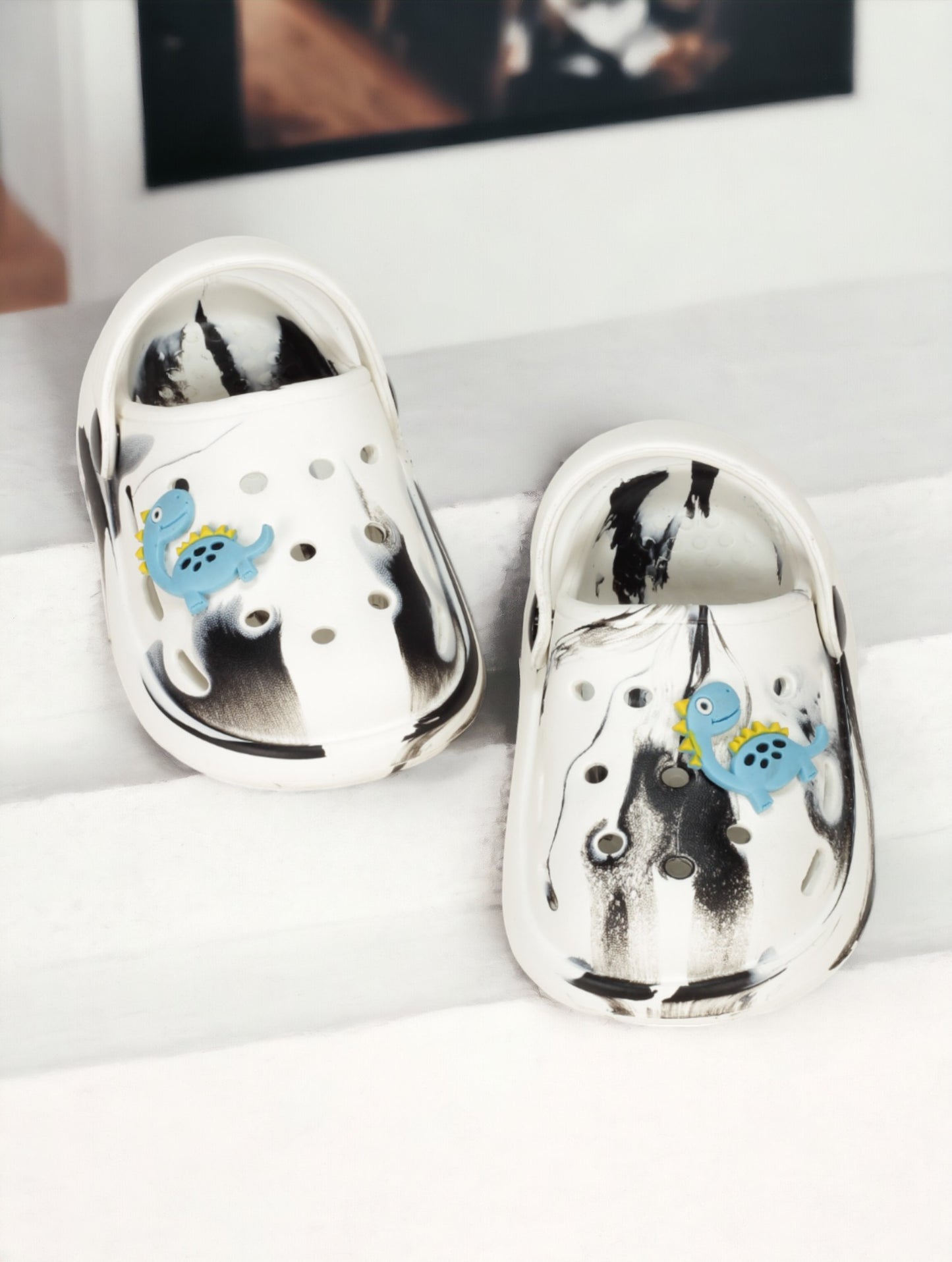 Marble Look Dinosaur Applique Anti-Slip Clogs - White
