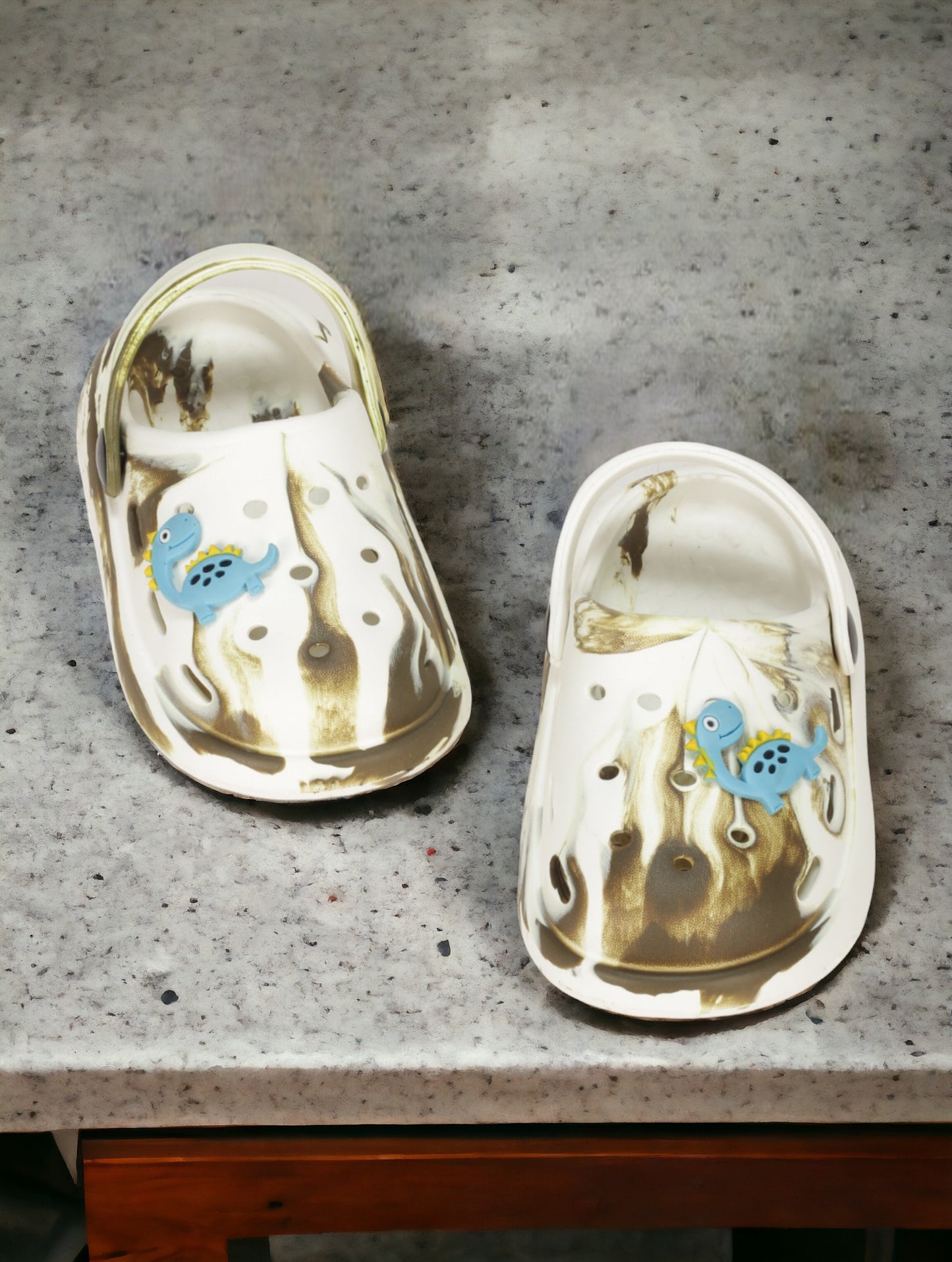 Marble Look Dinosaur Applique Anti-Slip Clogs - White