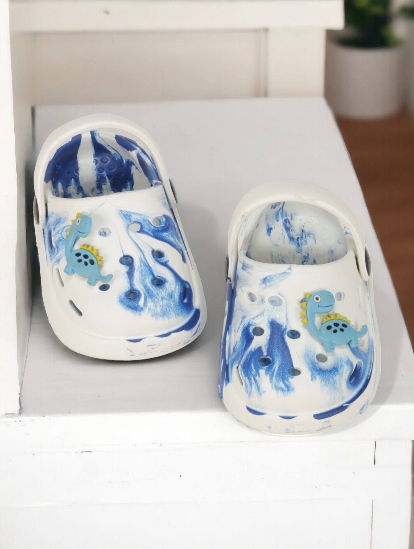 Marble Look Dinosaur Applique Anti-Slip Clogs - White