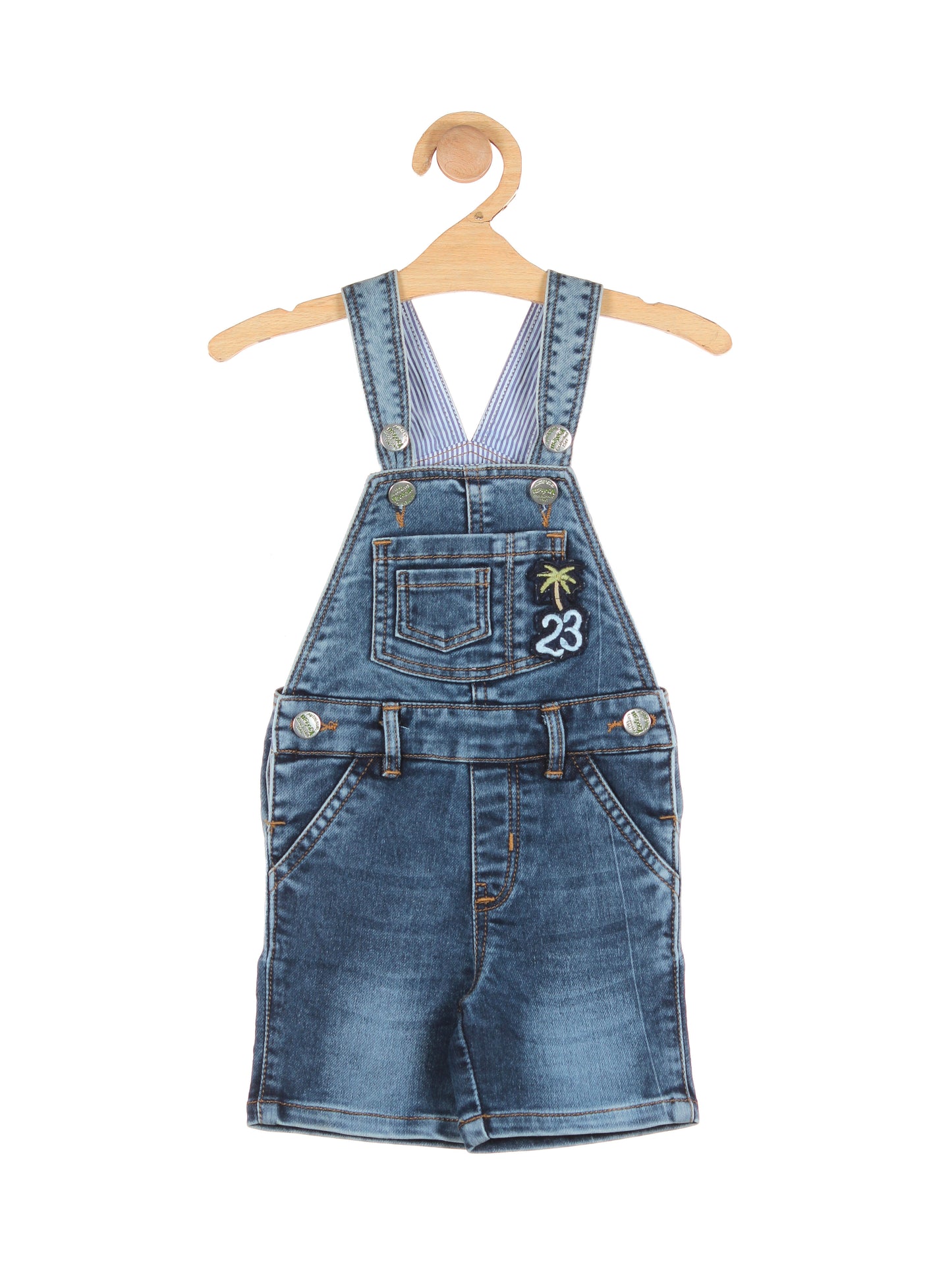 Tree Printed Denim Dungaree Shorts - Blue