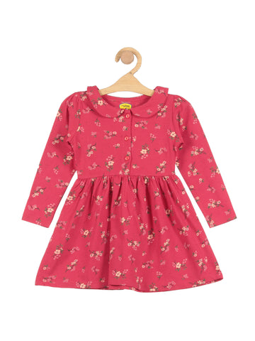 Floral Print Full Sleeve Cotton Frock - Red
