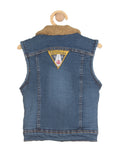 Fleece Lined Front Button Sleeveless Denim Jacket - Navy Blue