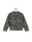 Camouflage Print Fleece Lined Front Button Denim Jacket - Green