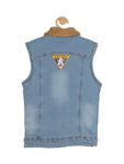 Fleece Lined Front Button Sleeveless Denim Jacket - Blue