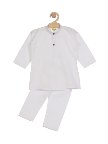 Solid Cotton Kurta Pyjama Set - White