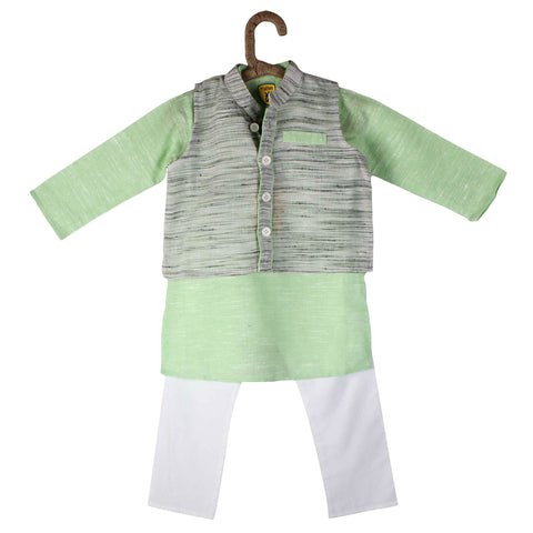 Green Linen Kurta Pyjama With Khadi Waist Coat - Lil Lollipop