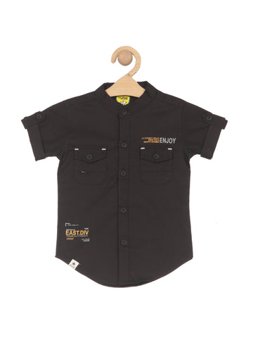 Band Collar Premium Cotton Solid Half Shirt - Black
