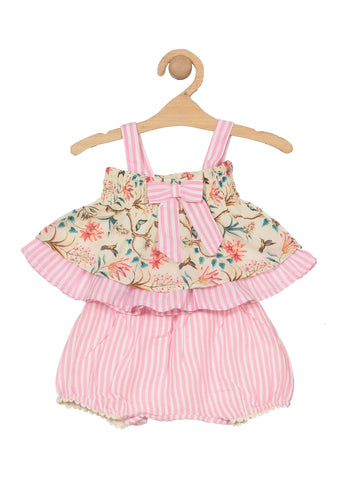 Premium Floral Print Girl Top With Bloomer - Pink