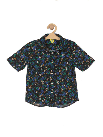 Premium Cotton Floral Print Half Shirt - Black
