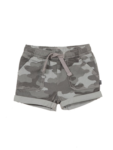 Camouflage Print Elastic Waist Mild Distressed Denim Shorts - Grey