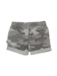 Camouflage Print Elastic Waist Mild Distressed Denim Shorts - Grey