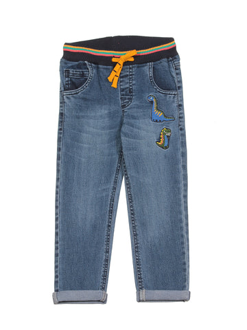 Elastic Waist Mild Distressed Straight Fit Jeans -  Blue