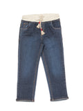 Elastic Waist Mild Distressed Straight Fit Jeans - Navy Blue