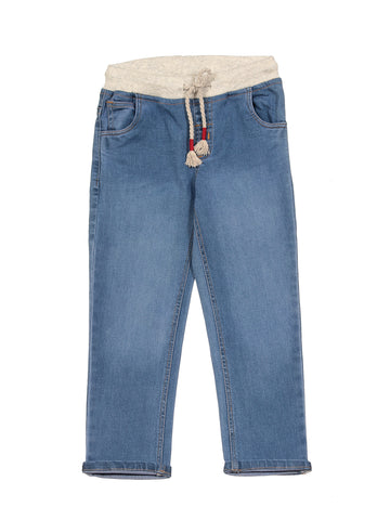 Elastic Waist Mild Distressed Straight Fit Jeans - Blue