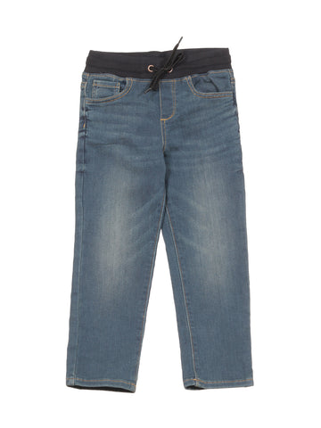 Elastic Waist Mild Distressed Straight Fit Jeans - Blue