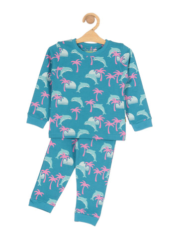 Dolphin Printed Round Neck Night Suit - Blue