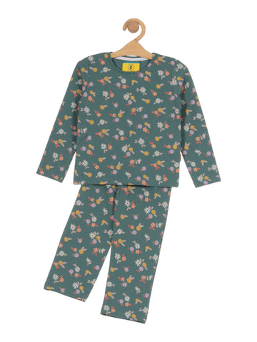 Printed Round Neck Night Suit - Green
