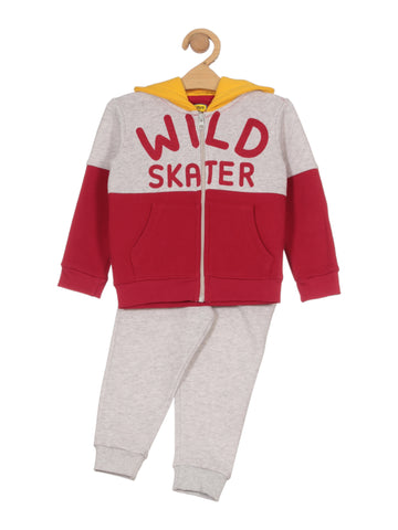 Wild Skater Printed Hooded Sweatshirt Set - Red