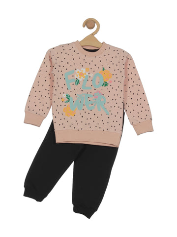Floral Printed Round Neck Fleece Tracksuit  - Pink