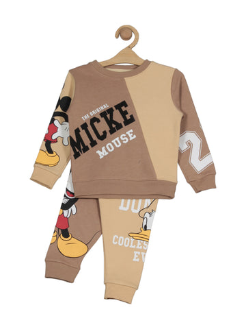 Mickey Mouse Printed Round Neck Tracksuit Set - Brown