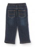 Elastic Waist Mild Distressed Straight Fit Jeans With Fleece Lining - Navy Blue
