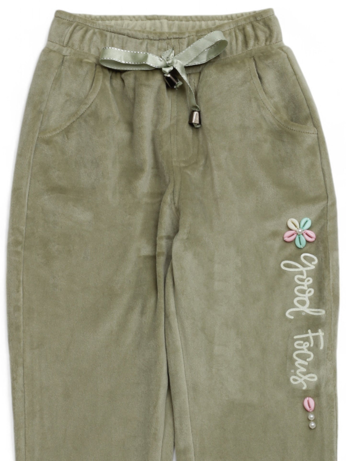 Velvet Finish Solid Colour Lower With Applique - Green