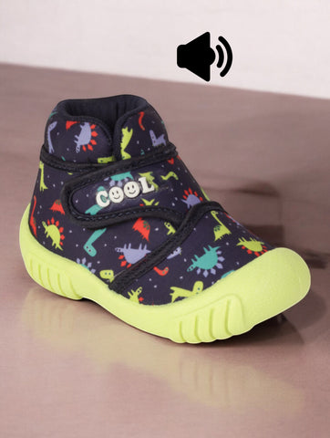 Dinosaur Print Musical Chu Chu Shoes With Velcro Closing - Navy Blue