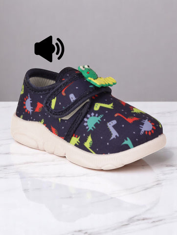 Dinosaur Print Musical Chu Chu Shoes With Velcro Closing - Navy Blue