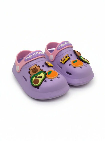 Cartoon & Typography Applique Anti Slip Perforated Sling back Clogs - Mauve
