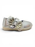 Bow Applique Detailed Velcro Closure Ballerinas - Silver