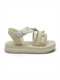 Flower Applique Detailed Button Closure Sandals - Cream