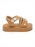 Flower Applique Detailed Button Closure Sandals - Brown