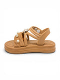 Flower Applique Detailed Button Closure Sandals - Brown