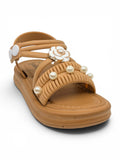 Flower Applique Detailed Button Closure Sandals - Brown