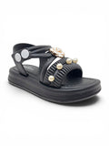 Flower Applique Detailed Button Closure Sandals - Black