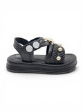 Flower Applique Detailed Button Closure Sandals - Black