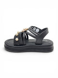 Flower Applique Detailed Button Closure Sandals - Black