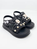 Flower Applique Detailed Button Closure Sandals - Black